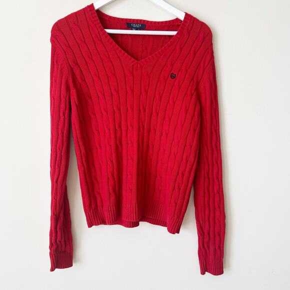 Chaps Sweater Size L Red Cable Knit Pullover Embroidered Logo 100% Cotton - Picture 1 of 5